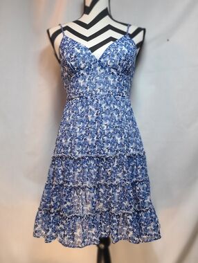 B. Darlin Blue Floral Chiffon Tiered Sundress with Spaghetti Straps